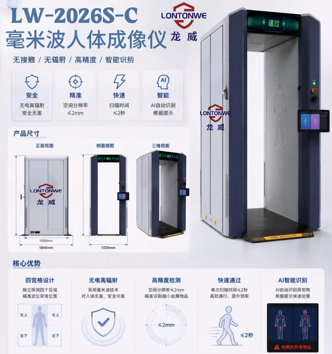 龙威毫米波人体成像安检仪 LW-2026S-C 高精度2mm分辨力安全检查设备